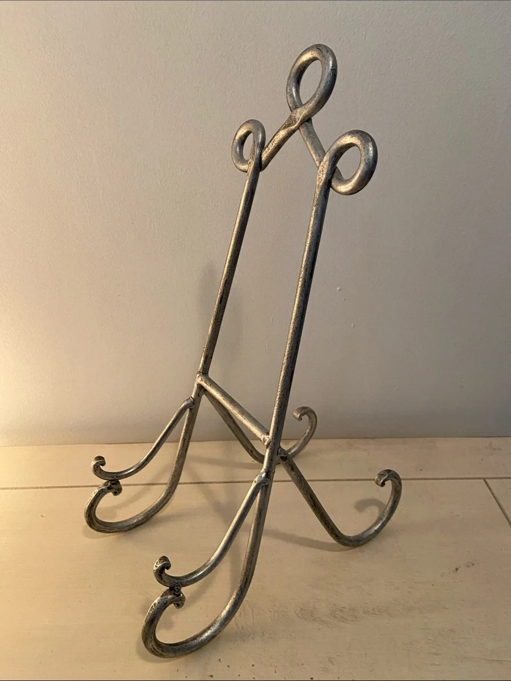 Wrought Iron Tabletop Easel Distressed Silver Farmhouse Cottagecore